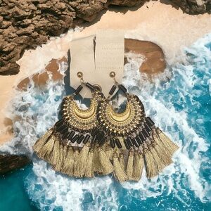 Anthropologie black gold tassel earrings NWT